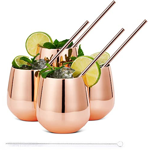 Oak & Steel - 4 Elegant Stainless Steel Stemless Wine Glasses Gift Set, with 4 Reusable Straws and Cleaning Brush, Shatterproof Wine Tumblers for Gin, Cocktails, Party - 350ml (Rose Gold)