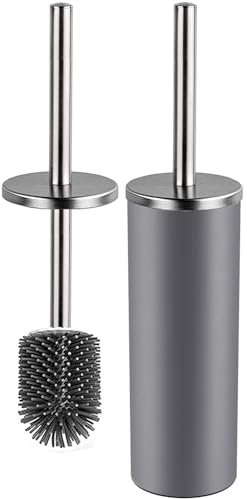 Bingobang Toilet Brush and Holder,Stainless Steel Lid Handle,Silicone Deep Cleaner Toilet Brushes with Quick Drying Holder Set for Bathroom Toilet(Grey)