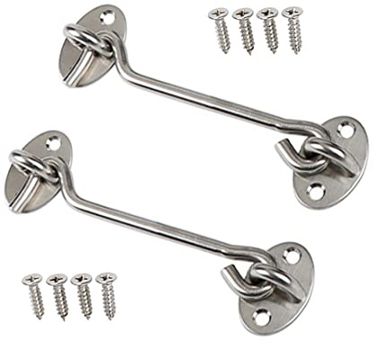 Sumbirg 2 Stück Kabinenhaken Sturmhaken mit öSe Türhaken Fensterhaken Edelstahl Fensterriegel für SchwingtüR Holz,Gartentor Riegel,Garagentor Fenster(Silber), 6in