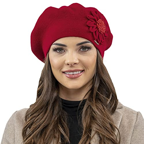 VIVISENCE Béret pour Femme Automne Et Hiver Classique Et Élégant Style Intemporel Ajustement Parfait en Fil Chaud avec Application Jolie Fabriqué en Europe Idéal pour Cadeau 7048, Rouge,Taille Unique