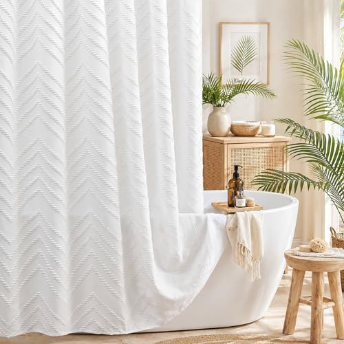 TURKIO Duschvorhang, Boho-Stoff, modern, Shabby-Chic, strukturiert, getuftet, Chevron, gestreift, minimalistisch, 183 x 183 cm, Weiß