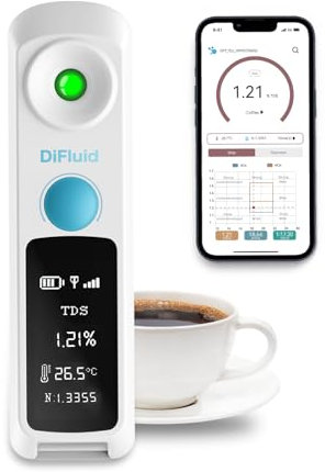 DiFluid Kaffee TDS Refraktometer, Daten speichern & wiederaufladbare Kaffee TDS Meter mit Bereich 0-26%, Präzision ±0.03%, 0.01% Auflösung, tragbar, wasserdicht