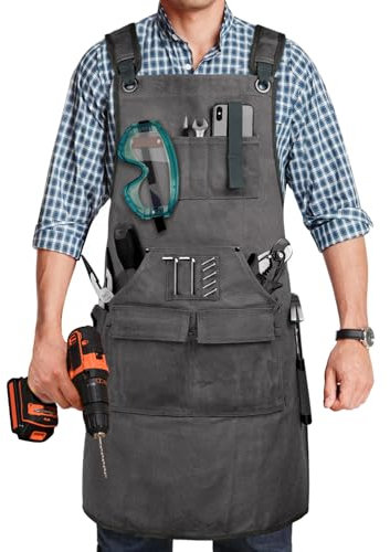UUP Holzbearbeitungsschürze für Herren, 590 ml, Arbeitsschürze für Männer mit 9 Werkzeugtaschen, strapazierfähig, gewachste Segeltuchschürze, GRAU