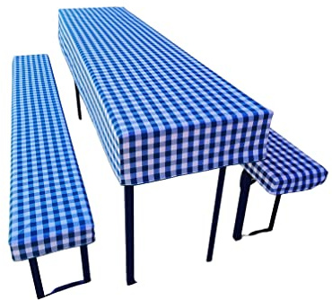 Lemos Home Lot de 3 Coussins pour Tente à bière Comprenant 1 Nappe et 2 Housses de Banc - Taille et Couleurs au Choix - 220 x 70 cm - Bleu à Carreaux