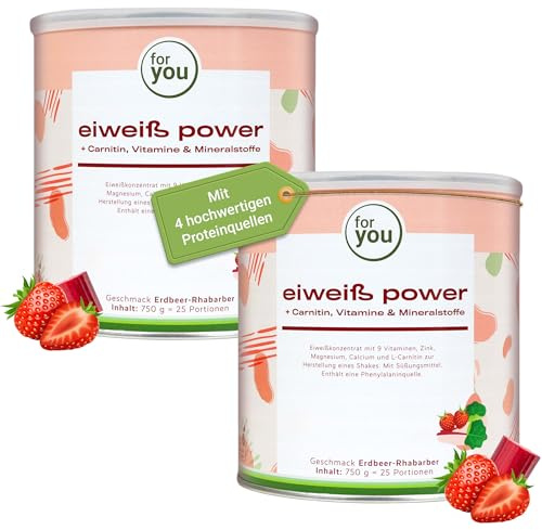 for you Power Eiweiß Erdbeer-Rhabarber 2x 750 g – Mehrkomponenten Eiweißpulver nach Dr. Strunz mit L-Carnitin | Protein Pulver aus Molke, Soja, Milch & Ei | Sehr gut löslich (Doppelpack)
