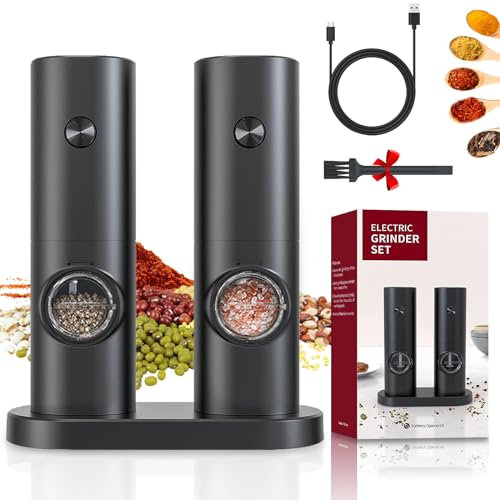 Ceboic Electric Salt and Pepper Grinder Set, Battery Powered Salt and Pepper Mills with LED Light, Adjustable Coarseness Pepper Grinder for Kitchen BBQ Restaurant, One Handed Automatic Operation