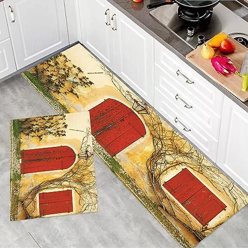 2 Stück Küchenmatte Waschbar rutschfest Küchenmatte,Fensterläden Alte Tür mit verblendeter Tür und Fenster zum ländlichen Toska,Teppiche Mit Staubdicht Für Küche Wohnzimmer, Esszimmer (45x70+45x120cm)