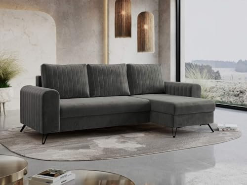 MKS MEBLE Wohnlandschaft Axel – Ecksofa L-Form universal, beidseitig montierbar (Links/rechts), Schlafsofa mit Bettkasten und Schlaffunktion, Couch mit Schlaffläche - Grau Velvet (Monolith 92)
