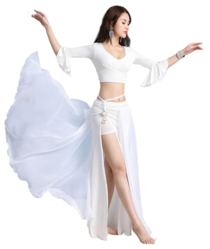 MUZIZY Bauchtanz Kostüm Weibliche Elegante Lange Rock Oriental Dance Training Anzug für Frauen Tanzen Set Performance Kleidung,Weiß,L