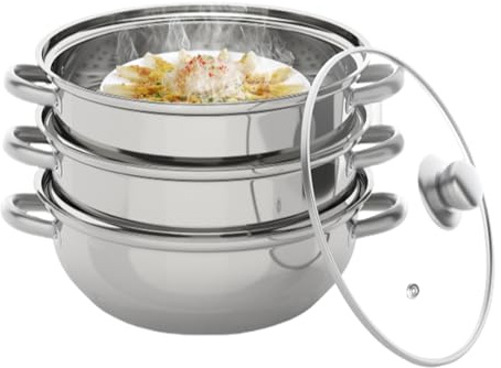 Fridgestea 3-Tier Stainless Steel Food Steamer Set 28cm | Stackable Steamer Cooking Pot with Tempered Glass Lid & Encapsulated Base | Universal for Induction, Gas, Ceramic, Electric Hobs