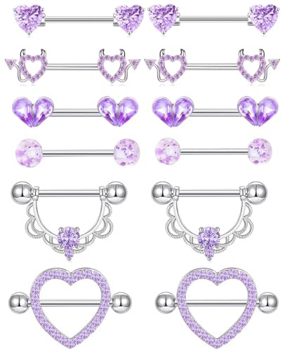 TIANCI FBYJS 6 Pairs Nipple Rings Stainless Steel Heart Butterfly Moon Flower CZ Stud Barbell Tongue Rings Set Cute Nipplerings Piercing Jewelry for Women purple Tone