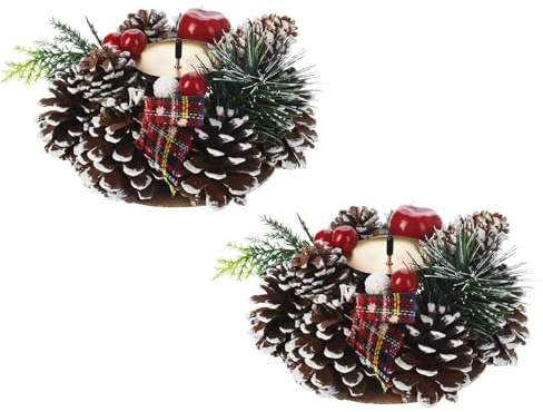 Carousel Home Pack of 2 Christmas Wreath Advent Candle Holder | Christmas Candle Berry & Pinecone Table Wreath Centrepiece Decoration | Festive Candle Holder Centrepiece for Dining Table - 15cm