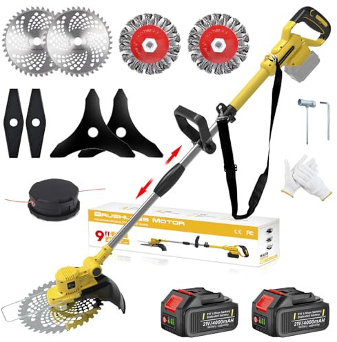 Decespugliatore a Batteria 21V, Tagliabordi a Batteria 4 In 1, con Spazzola per Erbacce e 2 Batterie 4,0 Ah Brushless Decespugliatore Elettrico per Rifinire Giardini, Prati e Arbusti (Giallo)