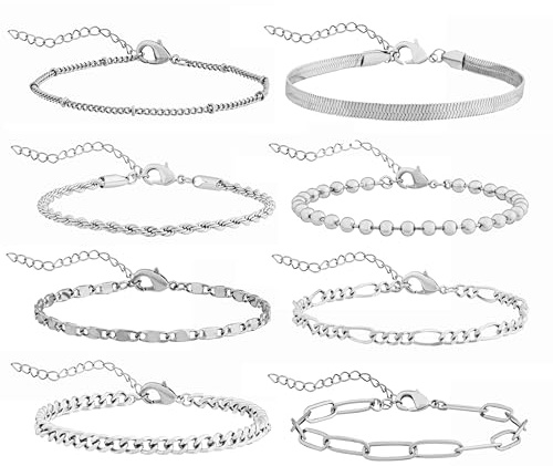 GUJOXILA 8pcs Silver/Gold/Rose Gold Bracelets for Women Ladies Silver/Gold Plated Bracelet Set Adjustable Stack Layered Dainty Link Chain Bracelets for Girls