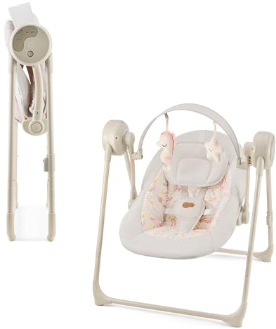 Kinderkraft SWINGEE Elektrisk babygunga, med svängfunktion, inbyggd timer, justerbart ryggstöd, 8 integrerade lugnande melodier, lätt och vikbar, beige