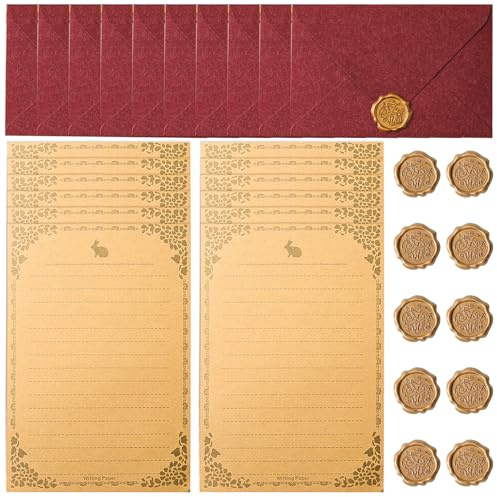 Zasiene Papel y Sobres para Cartas Bonitas, Papel de Carta Vintage con Sobre, Sobres Vintage Scrapbook, 10 Sobres, 10 Papelería Vintage y 10 Pegatinas Sellos de Cera(Rojo)