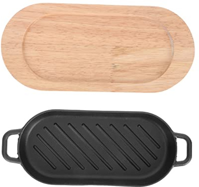 VINTORKY Gusseisen Grillplatte Steakplatte Mit Holzbrett Antihaft Teppanyaki Fischgrillplatte Für Zuhause Gleichmäßige Hitzeverteilung Kompakt