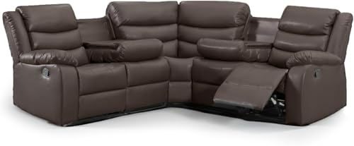 Classic Manual Recliner 5 Seater Leather Corner Sofa - Recliner Sofa with Dropdown Table & Cupholders For Living Room (Brown)