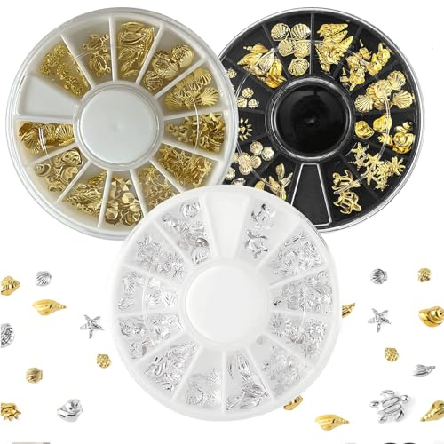 Auiremrti 3 Cajas de Encantos Metálicos 3D para Uñas, Pegatinas de Arte de Manicura con Estrella de Mar y Concha, 12 Estilos de Decoración de Uñas, Adornos DIY para Marcapáginas de Scrapbook