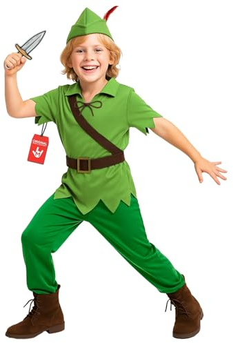 Morph Skogshjälte Dräkt Pojkar, Grön Äventyrarkostym med Tunika, Fjäderhatt och Leksaksdolk, Halloween Barn, M