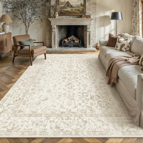 PureCozy Beige Mattor Vardagsrum 240x300 cm Extra Stora Vintage Tvättbara Halkfria Mattor Retro Blommig Lättviktsmatta för Sovrum Matsal Hall Lobby Kontor Heminredning