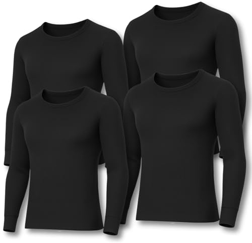 Deck and Beach Mens 4 Pack Thermal Tops Long Sleeve or Short Sleeve 0.40 TOG Warm Soft Touch Base Layer Undershirts for Winter (Black LongT, Large)