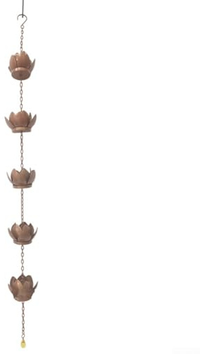 HEBEOT Catena antipioggia in metallo resistente alla ruggine, 120 x 8,5 cm, con cinque tazze, per grondaie, gestione dell'acqua piovana, facile installazione, decorazione da giardino, oro rosa