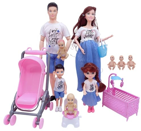 Joygoodta Set di Bambole per Famiglia, Set di Bambole Incinte sicure con papà e 3 Bambini, 5 Persone con Accessori per casa delle Fantasioso Gioco di finzione per Bambini
