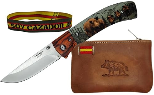 Planta Color Set Regalo Navaja Deportiva JKR Plegable 8,3 Cm Acero Inoxidable Apertura Manual Con Mango De Aluminio Impresión 3D Jabalí + Pulsera Soy Cazador + Monedero De Piel (Jabalíes)