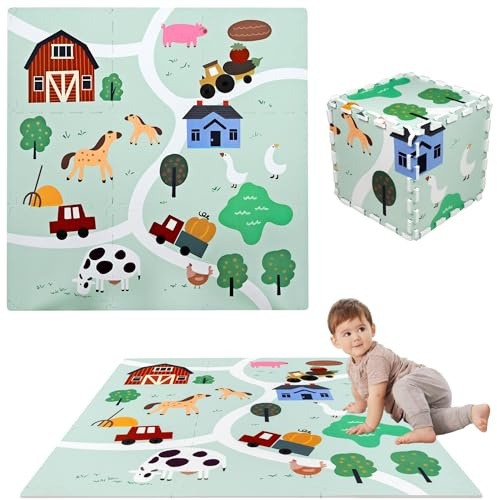 Humbi Alfombra de rompecabezas de espuma EVA para bebés y niños, alfombrilla de juego, esterilla de fitness, protección del suelo, 90 x 90 x 1 cm (granja, agricultura, mascotas)