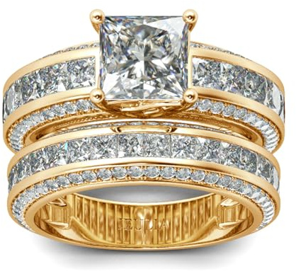 Jeulia Damen Sterling Silber Ringe Set Prinzess-Schliff 4-Prong Diamant Ringe Set Schmuck für Braut Hochzeit Band Verlobungsring Trauring Ehering (Vergoldet, 56 (17.7))