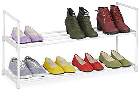 Relaxdays Schuhregal, 2 Ebenen, Stecksystem, 8 Paar Schuhe, Flur, erweiterbar, Metall & Kunststoff, Schuhablage, weiß, 10036200_347