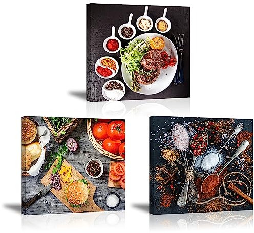 Piy Painting 3 Teilig Moderner Leinwanddruck, Steak Burger und Gewürze Kunstdruck, Deko Bilder auf Leinwand, Lebensmittel Bild mit Keilrahmen für Deko Flur Restaurant Küche Wohnzimmer 30x30cm