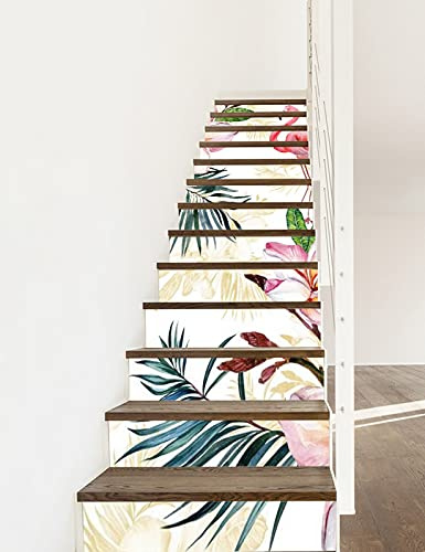 A.Monamour Treppenaufkleber Folie Selbstklebend 3D Aquarell Tropische Blätter Blumen Rosa Flamingo Vinyl Wasserdicht Treppe Aufkleber Fliesenaufkleber Abziehbilder Wandaufkleber 13 Stück Set