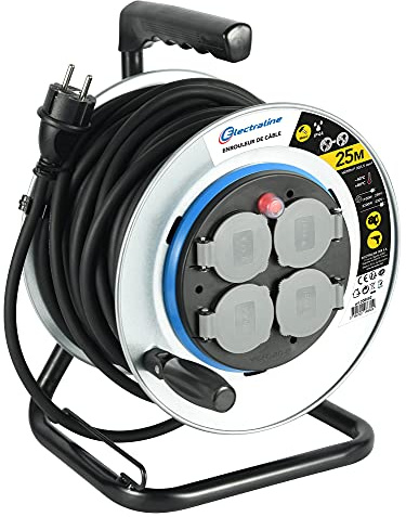 Electraline 208682 Kabeltrommel, professionell, 25 m, für Baustelle, aus Metall, 4 Steckdosen, IP44, mit Führung, fester Platine und ergonomischem Griff, Gummikabel H07RN-F 3G1.5