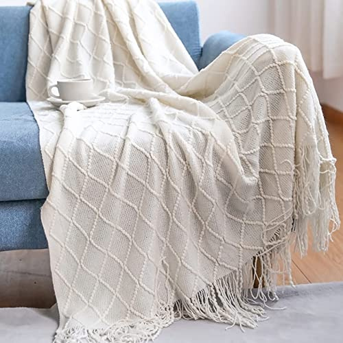 LumiSyne Gestrickte Decke Mit Quaste Einfarbig Geometrische Muster Kuscheldecke Strickdecke Tagesdecke Überwurf Couchdecke Dekorative Decke Für Sofa Bett 230x130cm