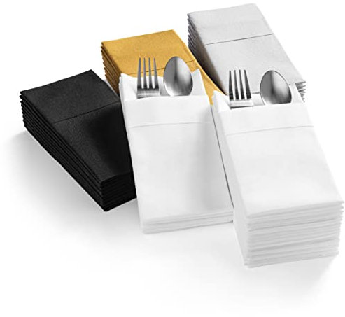 AH AMERICAN HOMESTEAD Paper Dinner Napkins - Linen Type Wedding Napkins with Cutlery Pocket - Prefolded Disposable 15.7 x 15.7 Size (White, 100)