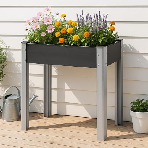 Potager Surélevé Grande Taille Jardinière Bac á Fleurs sur Pied Extérieur à Fond Grillagé Plantation Résistant Jardin Balcon Terasse Design Aluminium Bois Composite 75 x 40 x 75 cm Gris Foncé