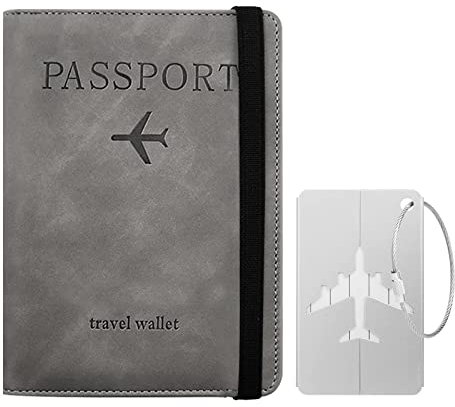 Toctax Reisepasshülle, Passhülle mit RFID-Blocker, Schutzhülle Tasche für Kreditkarten, Reisepass Geschenk Passinhaberdeckel Karteninhaber, Ausweis und Reisedokumente mit Kofferanhänger（Grau）