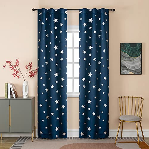 GIRASOLE HOME® Coppia Tende Oscuranti Morbide Fantasia Stelle Argentate Tenda Morbida per Interni con Tasca e Passanti Nascosti 2 Pannelli (Blu, 70x235cm)