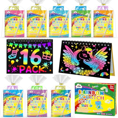ZMLM Scratch Papel Art, 16Libretas Scratch 16 Lápices de Madera, 16 Plantillas de Dibujo-Regalos Cumpleaños Niños Colegio-Detalles Cumpleaños niños- Regalos para Alumnos Primaria