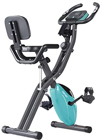 Merax Foldable Fitness Stationary Bike, Upright Indoor Cycling Bike, Magnetic Exercise Bike with 16-Level Adjustable Resistance&Back Support Cushion for Home Gym Workout