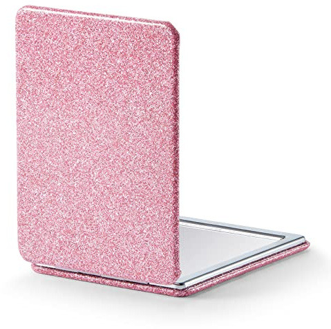 OMIRO Kompaktspiegel, Klassisches PU-Leder 1X/3X Vergrößerung, Tasche Ultra Portable für Geldbörsen und Reisen, 8,5cm*6,2cm (Rosa)