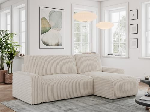 MKS MEBLE Ecksofa mit Schlaffunktion und Bettkasten, Schlafsofa L-Form, Schlaffläche 208x132 cm - Argos - Cordstoff, Beige