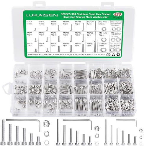Viti e Dadi, 820 Pezzi Set Dadi e Bulloni Viti in acciaio inossidabile 304 Assortimento Kit, Dadi e Rondelle Esagonale con 3 Chiavi per Fai da Te e Professionale(M2, M3, M4)