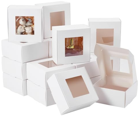 BENECREAT 28-pack 6,5 x 6,5 x 3 cm fyrkantiga presentaskar med klart fönster, vita bagerilådor, presentförpackningslådor för årsdagar, födelsedagar, bröllop, examen