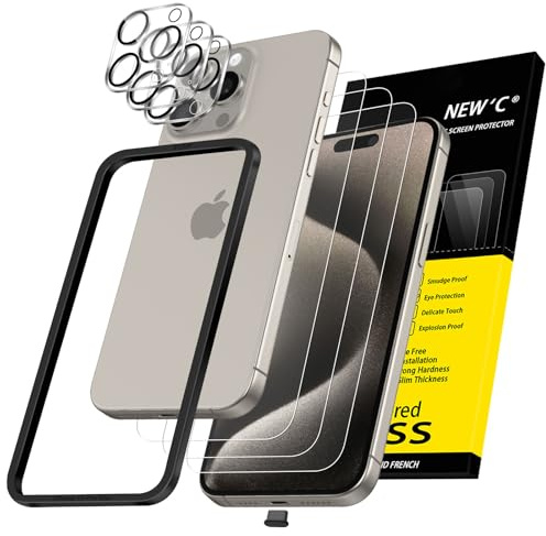 NEW'C 3x for iPhone 15 Pro Max Screen Protector (6.7 inches)+ 3x Camera Lens Protector, Sensor Protection, Case Friendly Tempered Glass Film + Dust Plug- Easy installation tool include