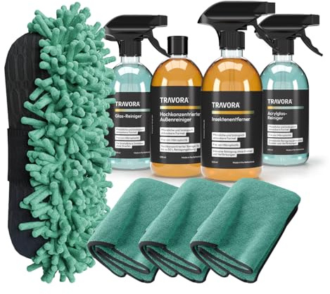 TRAVORA Premium Camper & Caravan Reinigungsset - 6-teiliges Reinigungsset inkl. Bio-Außenreiniger Konzentrat, Insektenentferner, Glasreiniger, Acrylglas Reiniger, Schwamm, 3x Microfasertuch