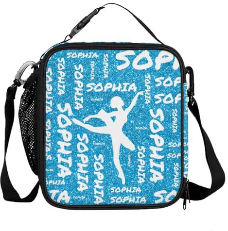 Mintoprints Lonchera de baile personalizada, lonchera reutilizable con aislamiento personalizado con nombre, bolsa de almuerzo para mujer, ballet, baile, azul claro con purpurina