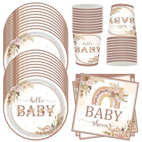 MEZHEN Baby Shower Stoviglie per Feste di Compleanno Decorazioni Boho Stoviglie per Compleanno Piatti Bicchieri di Carta Tovaglioli Forniture per Feste Baby Shower 20 Ospiti